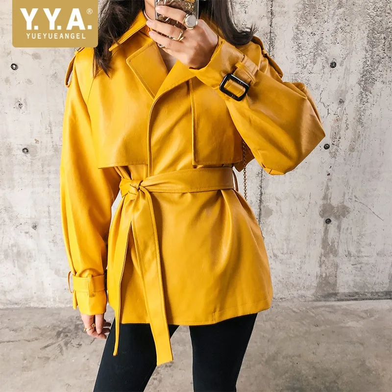 

Women Faux Leather Jacket Plus Size Belted Fashion Lapel Motorcycle Leather Jackets Long Sleeve PU Coat Green Yellow Harajuku