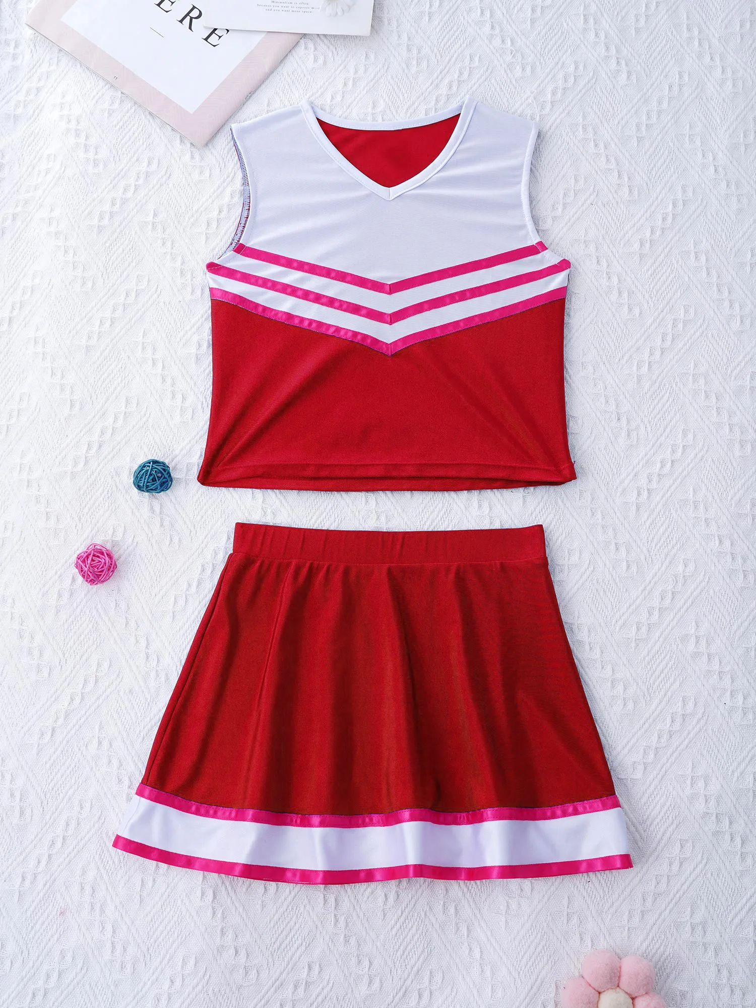 Kids Girls Cheerleading Uniform Sport Dance Outfit Sleeveless V Neckline Striped Patchwork Crop Top with Elastic Waistband Skirt