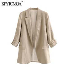 KPYTOMOA, moda de 2020 para mujer, ropa de oficina, chaqueta de lino, abrigo Vintage con bolsillos y mangas enrolladas, prendas de vestir exteriores para mujer, Tops elegantes