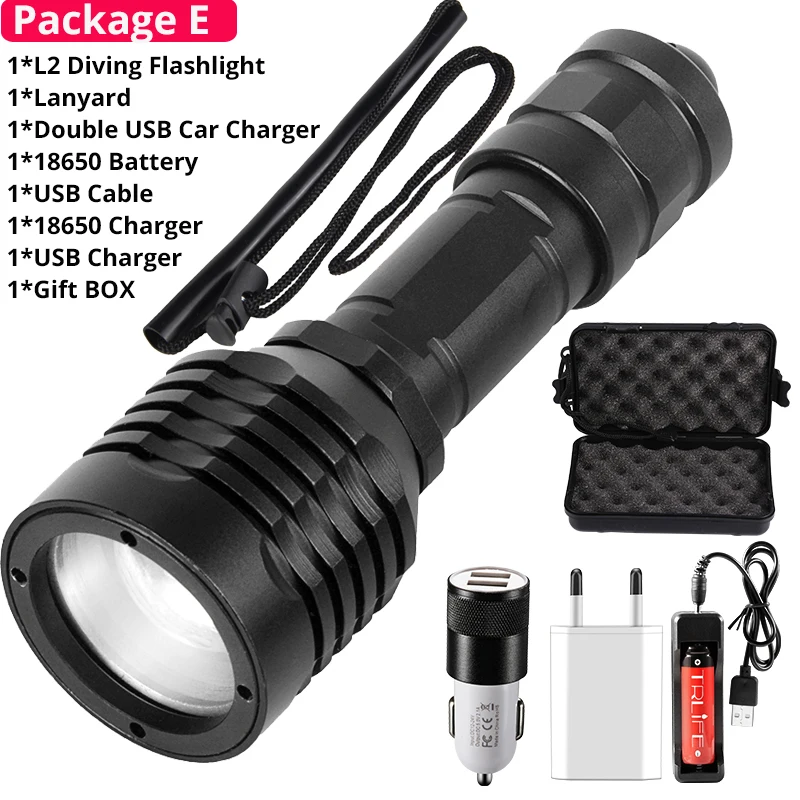 Package E Светильник для подводного плавания 200 м L2 IP8 Водонепроницаемый 3 режима USB СВЕТОДИОДНЫЙ светильник-вспышка для дайвинга кемпинга 18650 - Испускаемый цвет: Package E