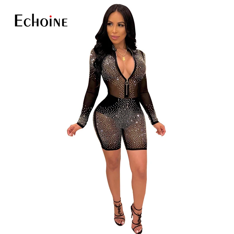 

Sexy Sheer Mesh Sparkly Rhinestones Women Front Zipper long Sleeve Party Night Club Jumpsuit Perspective Skinny Short Playsuit