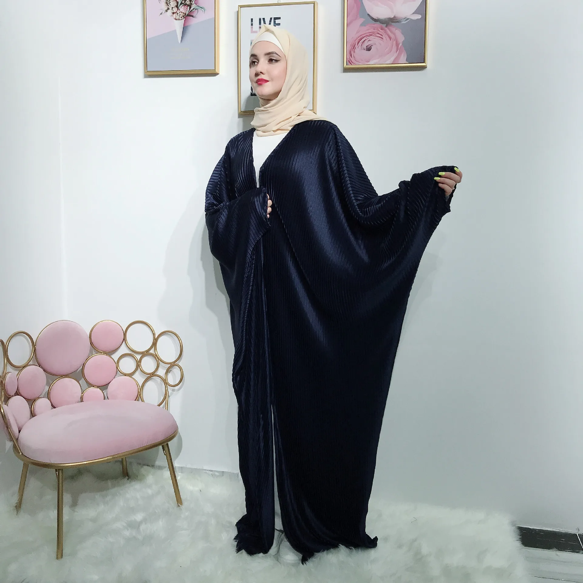 Большие размеры, качественное Новое арабское элегантное свободное абайя, кафтан, исламское модное мусульманское платье, одежда, дизайн для женщин, темно-синий Дубай, абайя