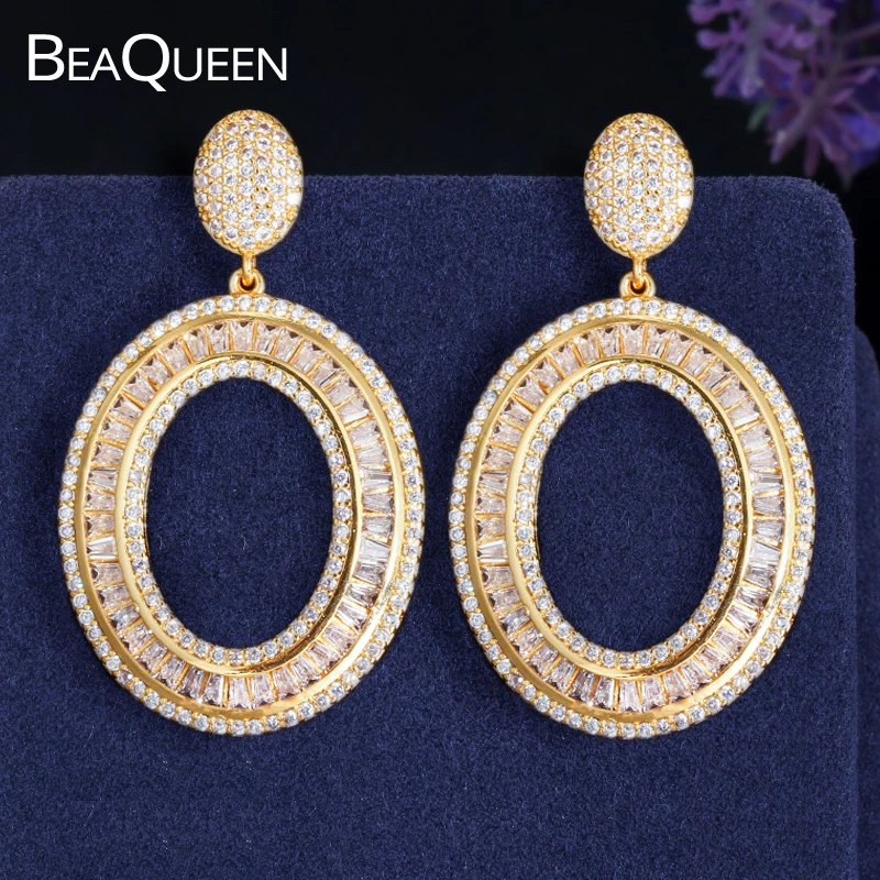 

BeaQueen Dubai Yellow Gold Color Micro Pave Cubic Zircon Women Bridal Dress Big Round Wedding Drop Earrings Costume Jewelry E325