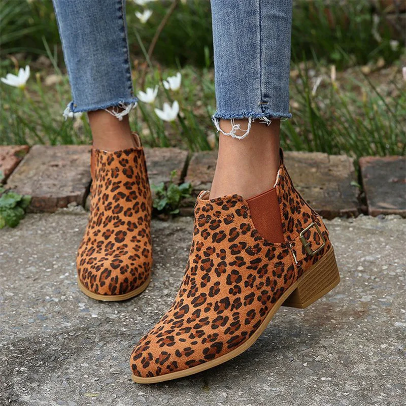 

New Leopard Short Boots Women 2019 Autumn Med Heels Ankle Boots Female Comfortable Casual Shoes Woman Plus size botas mujer