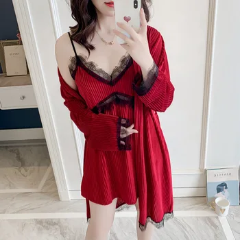 

Sleepwear Lady 2PCS Kimono Gown Autumn Winter New Velour Nighty&Robe Suit Sexy Nightwear Velvet Nightdress Intimate Lingerie