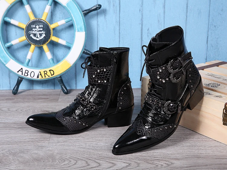 Christia Bella Personalized Big Size Male Genuine Leather Highten Short Boots Pointed Toe Buckle Man Motorcycle Lacp Up Boots - Цвет: Черный
