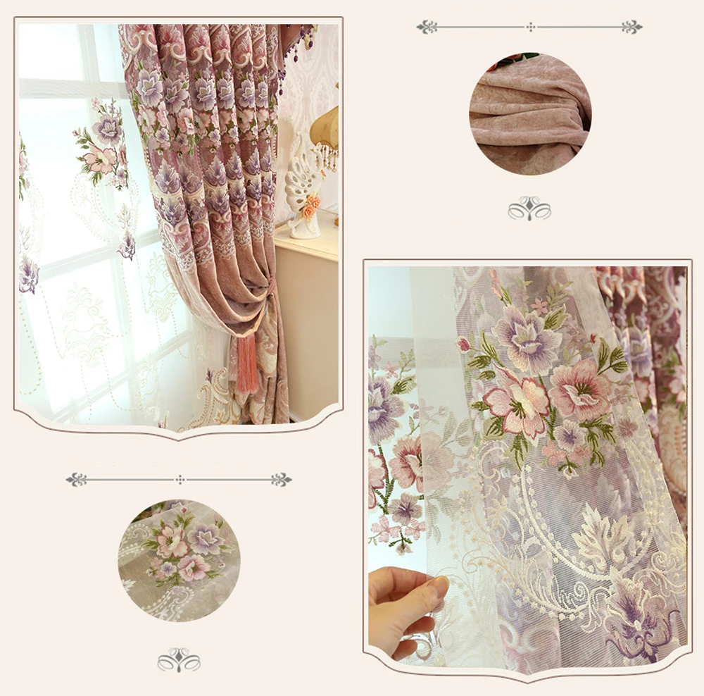 Pink High-end Curtains for Living Room Blue Peony Embroidery Chenille Luxury European Jacquard Floral Window Treatment Drapes