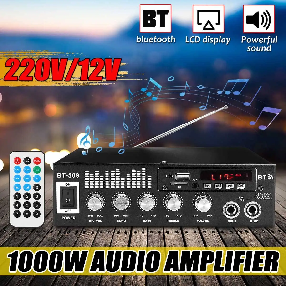 

1000W 220V/12V Audio Power Amplifier Home Theater Amplifiers Audio with Remote Control Support FM USB SD Card bluetooth EU plug