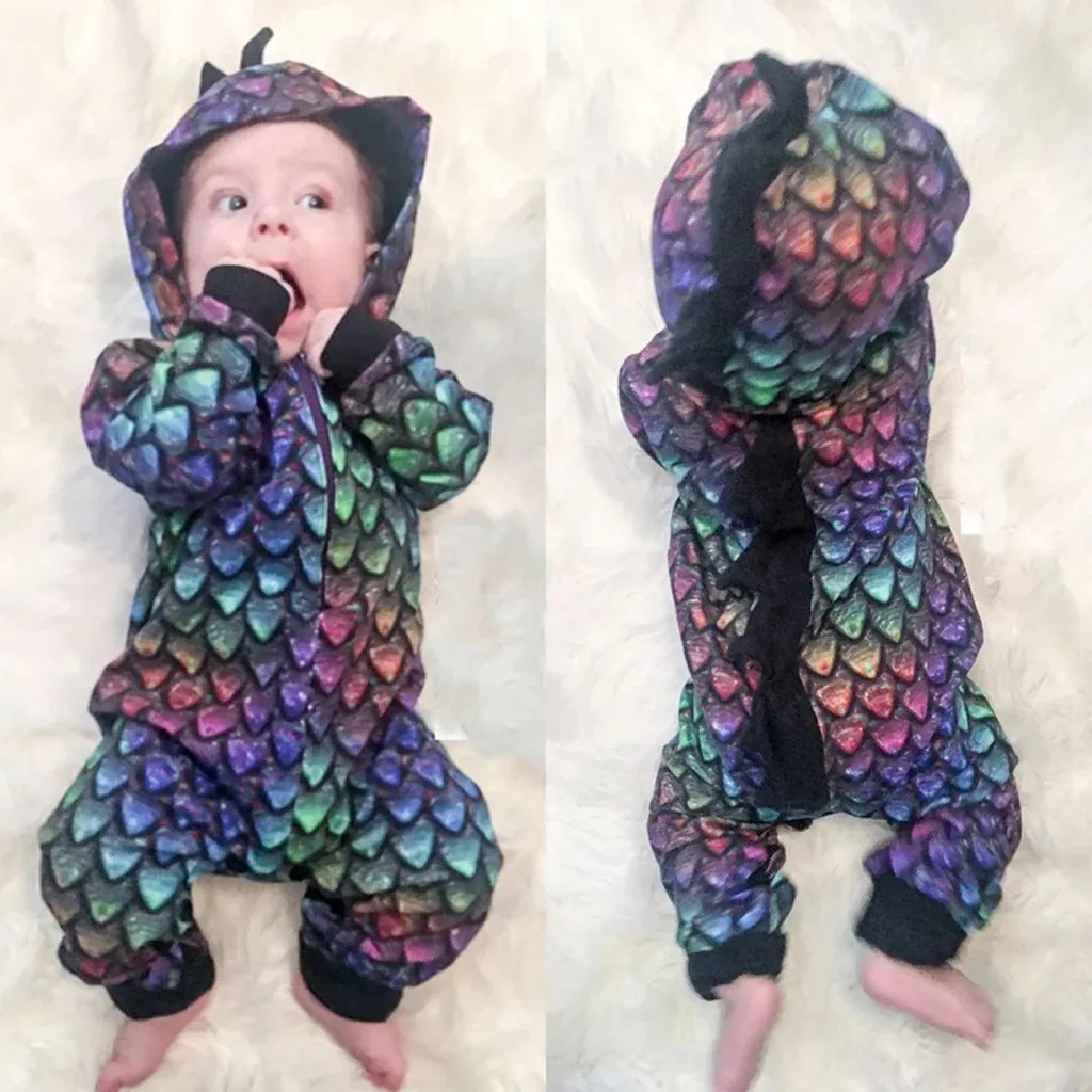 Детские ползунки с капюшоном для новорожденных мальчиков и девочек; мягкий теплый зимний комбинезон с длинными рукавами и рисунком динозавра; градиентный цвет; одежда с капюшоном