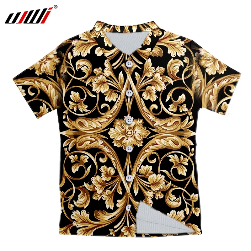 

UJWI Men's Gold Flower Luxury Royal Baroque Print Shirts Casual Button Down Short Sleeve Hawaiian Shirt Beach Holiday Tops