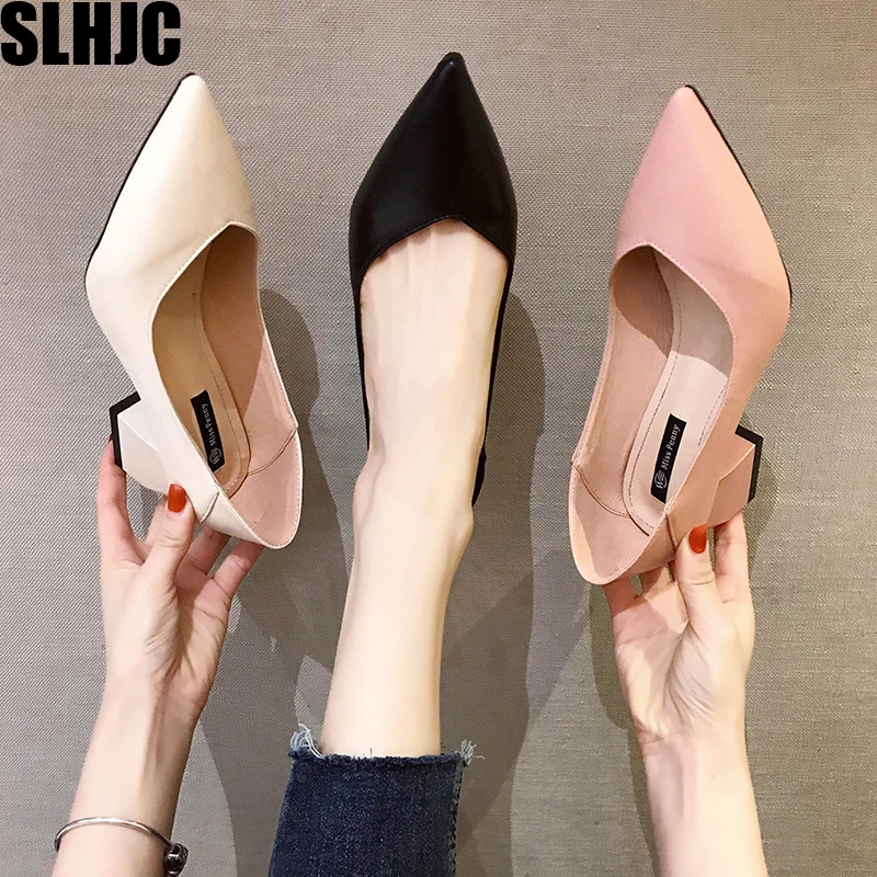 

SLHJC 2020 Spring Women Square Heels Pointed Toe Pumps Shoes Leather Mid Heels Office Lady OL & Weekly Shoes 5 cm Heel
