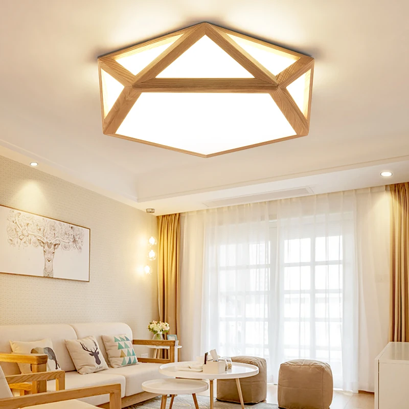 Simple Log Ceiling Lamp Lighting Furniture Nordic Children's room Study Bedroom LED Lamp Hollow Geometric Diamond Wood Art Lamp