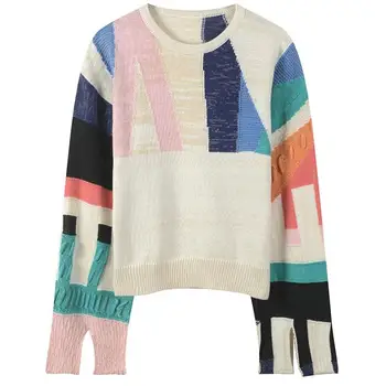 

Fall Winter Women O-Neck Loose Casual Sweaters Turn-Down Collar Long Sleeve Patchwork Pullovers Split Plus Size Sweaters