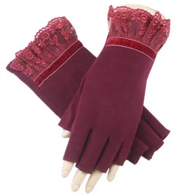 Winter Gloves Women Fingerless Lace Knitted Thermal Warm Half Finger Ladies Autumn Mitten Women Office Winter Hand Gloves Velvet - Цвет: Burgundy