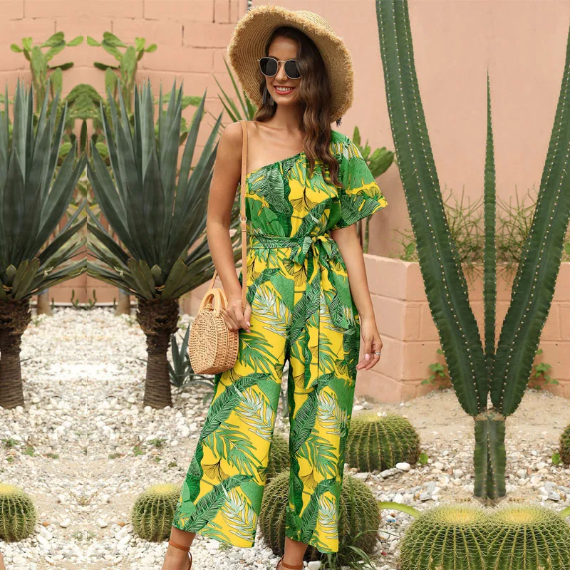 

2020 New Fashion Jumpsuits Streetwear Ankle-length Pants Print Sashes Broadcloth Regular MSFILIA