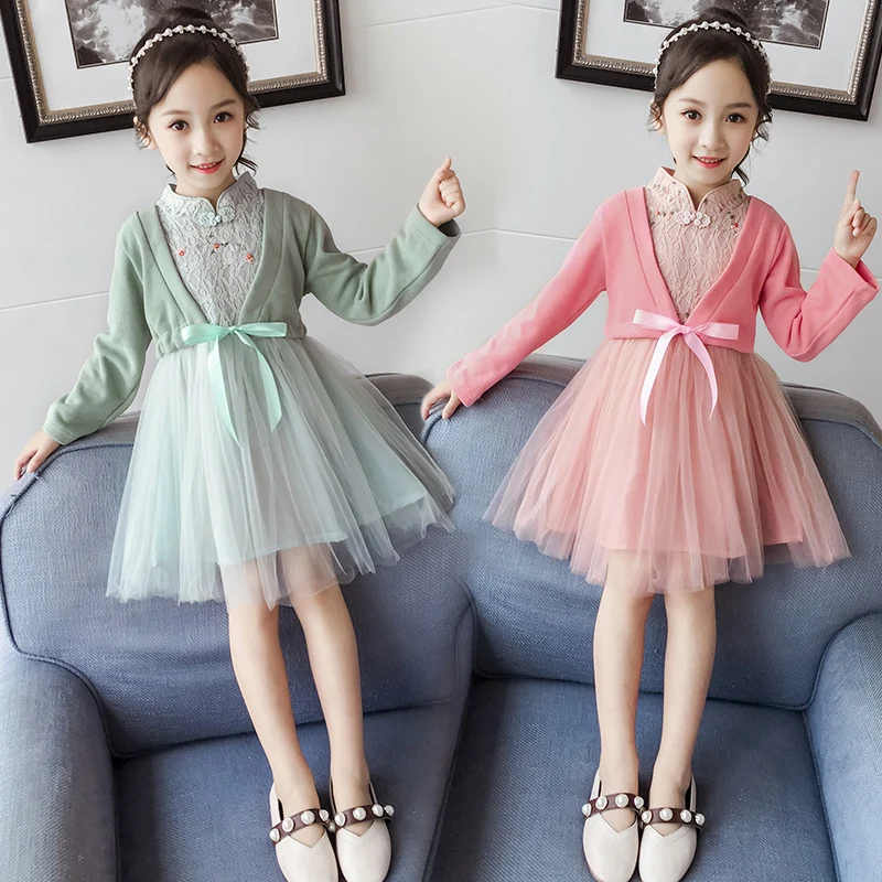 Модное весенне-осеннее платье для маленьких девочек однотонное кружевное шифоновое платье принцессы с вышивкой и длинными рукавами