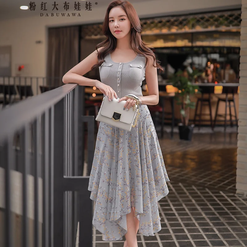 

Dabuwawa Women's Elegant High Waist Floral Printed Skirts 2019 New Summer Fashion Asymmetry Chiffon Skirts D18BSK046