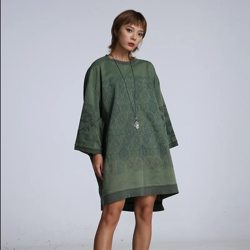 

March Spring And Autumn Korean-style Vintage Printed Loose And Plus-sized Hoodie Women's Washing Retro Mid-length Dress