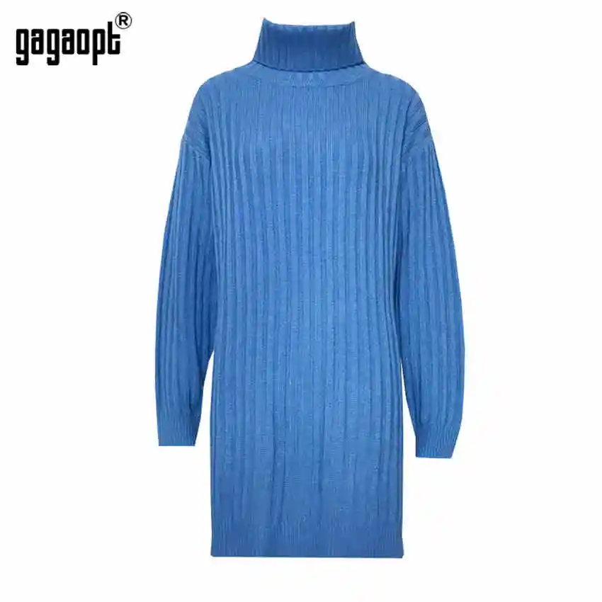 Gagaopt, длинные свитера, платье для женщин, свободные, в полоску, с разрезом, вязанные, водолазка, пуловер, свитера, зимние - Цвет: Синий