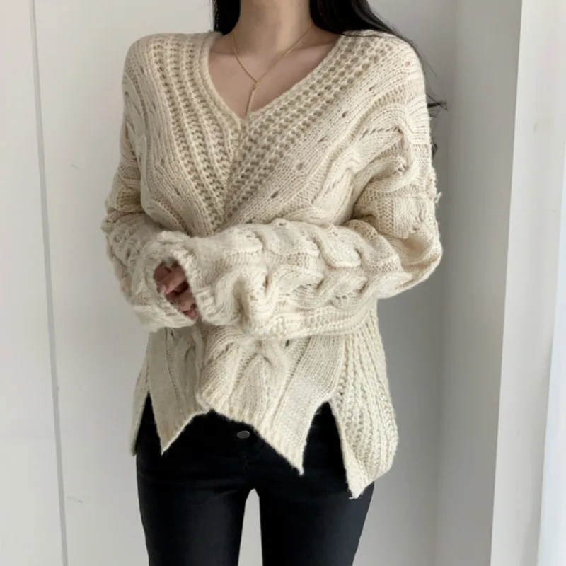 Autumn and winter Vintage lazy big V-neck Pullover loose hemp pattern hollow sweater Autumn and winter Vintage lazy big V-neck Pullover loose hemp pattern hollow sweater