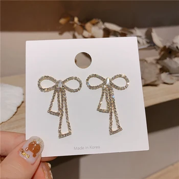 

MENGJIQIAO New Elegant Full Rhinestone Bowknot Drop Pendientes For Women Students Shiny Fashion Sweet Earings For Party Jewelry
