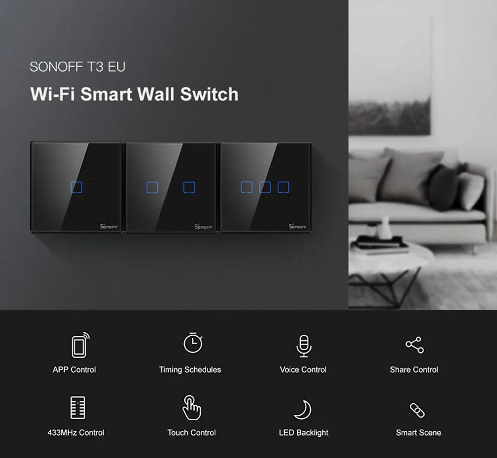 Sonoff T3 ЕС умный Wifi переключатель черный, приложение Ewelink 433 RF пульт дистанционного управления, работает с Alexa Google Home умный дом