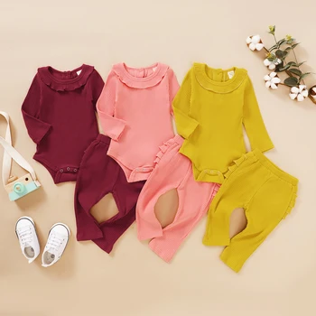 

2Pcs Kids Suit Set Solid Color Round Neck Long Sleeve Baby Romper+Trousers Wine Red/Pink/Yellow Sleepwear Pajamas Robes