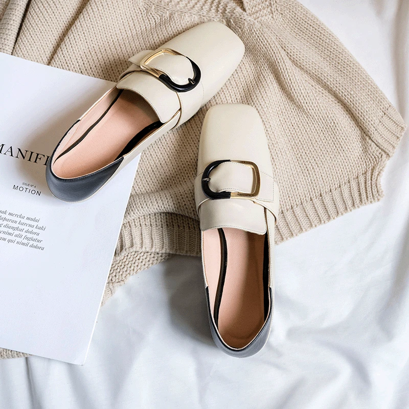 

2019 Autumn New Style Europe And America Versatile Square Head Square Buckle Genuine Leather Flat Heel Shoes Women's Fashion Dou