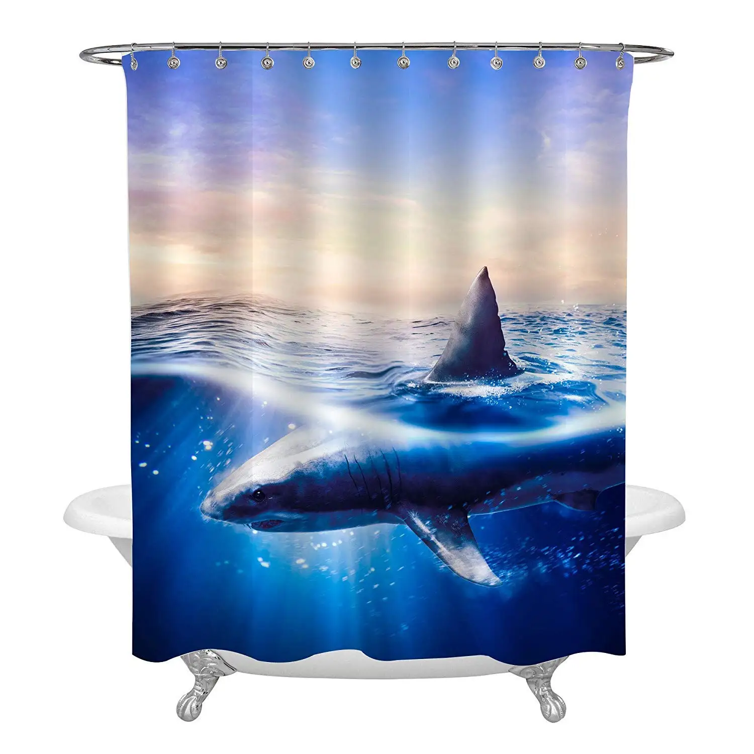 

Shower Curtain, Reef Shark at The Surface with Blue Sea Water Background and Sunbeam Ornaments Blue Curtain Polyester Water