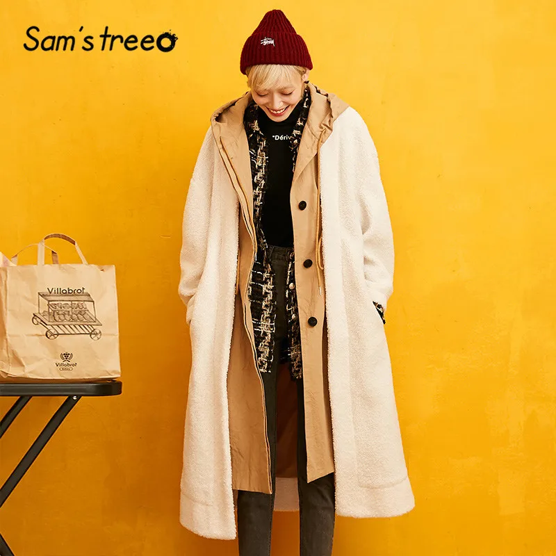 Koop SAM S BOOM Solid Straight Hoodies Teddy Lui Wollen Jas Vrouwen 2019 Winter Belted Single Button Fake Twee Stukken Losse Vrouwelijke jassen