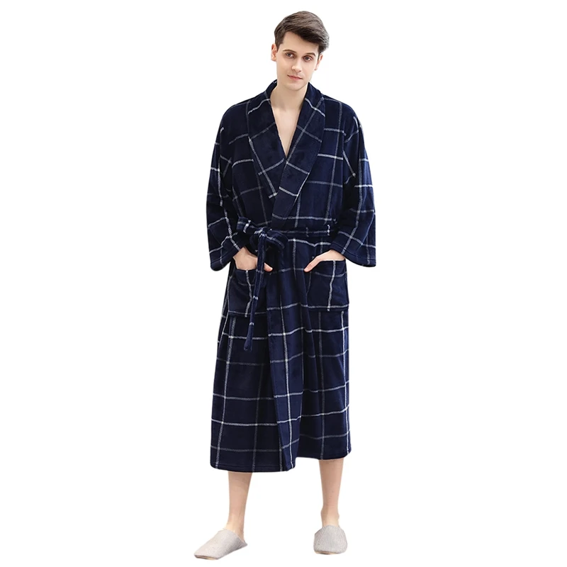 Зимний фланелевый Халат, кимоно, ночная рубашка, теплый банный халат с длинным рукавом, пижама для женщин и мужчин, ночной халат размера плюс - Цвет: Blue