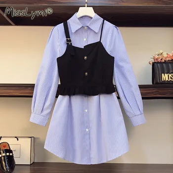 

L-4XL Plus Size Women Casual Two Piece Clothes Autumn 2020 Fashion Long Sleeve Striped Blue Shirts Dress and Black Crop Vest