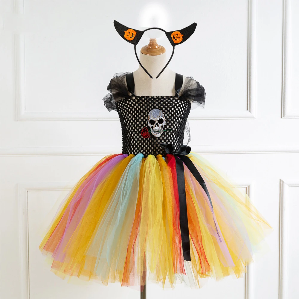POSH DREAM Harley Quinn Girls Tutu Dress with Headband and Mask Joker Fancy Children Halloween Birthday Costume Kids Party Photo - Цвет: Черный