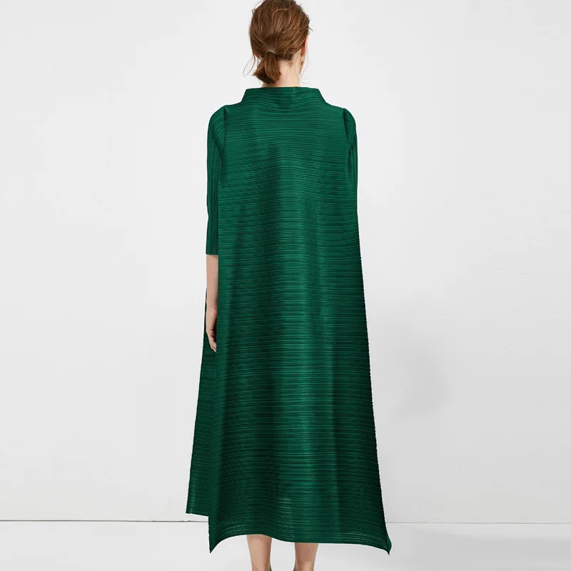MIYAKE fold весеннее Новое бронзовое платье со стоячим воротником с принтом большого размера женское тонкое ТРАПЕЦИЕВИДНОЕ ПЛАТЬЕ