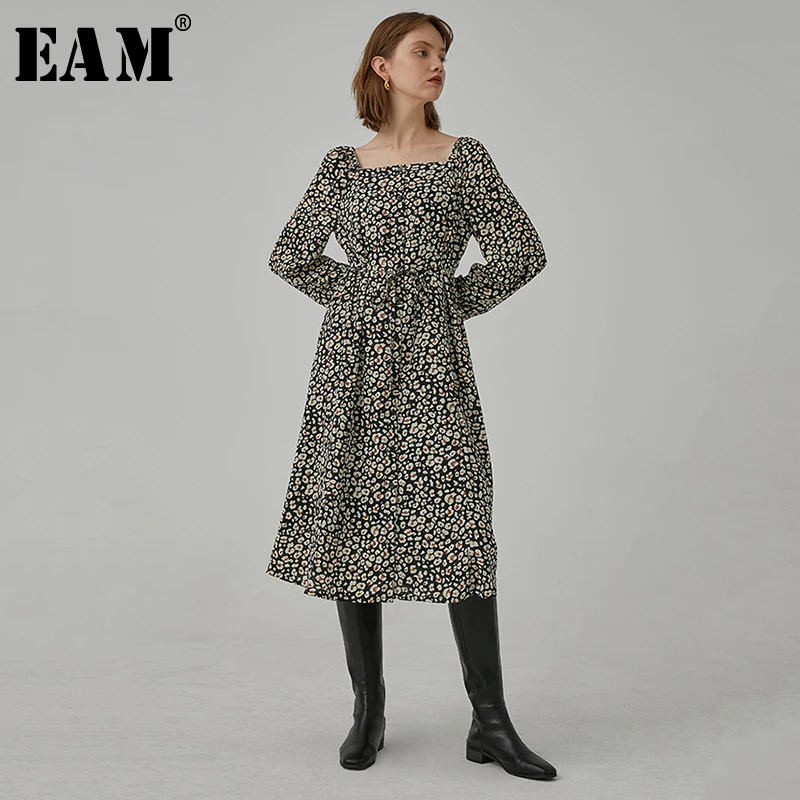 

[EAM] Women Black Pattern Print Temperament Dress New Square Collar Long Sleeve Loose Fit Fashion Tide Spring Autumn 2020 1R399