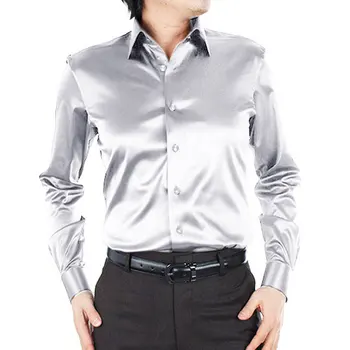 

Shiny Silver Silk Satin Tuxedo Shirts Men Wedding Party Casual Smooth Mens Dress Shirts Comfortable Stay at Homme Shirts Chemise