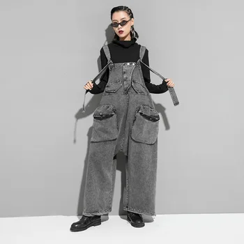

Women Spring 2020 Persomnality Street Style Black High Waist Pocket Split Denim Jumpsuit Fashion Loose Harem Pants Big Size Tide