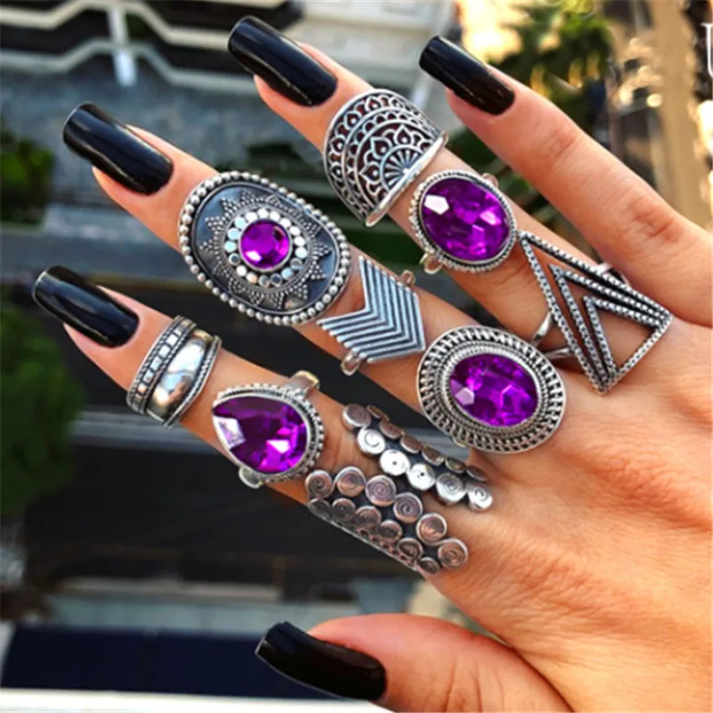 

Vintage Multi Layer Geometric Oval Arrow Rings Set Charm Triangle Mosaic Crystal Ancient Silver Ring For Women Wedding Gift