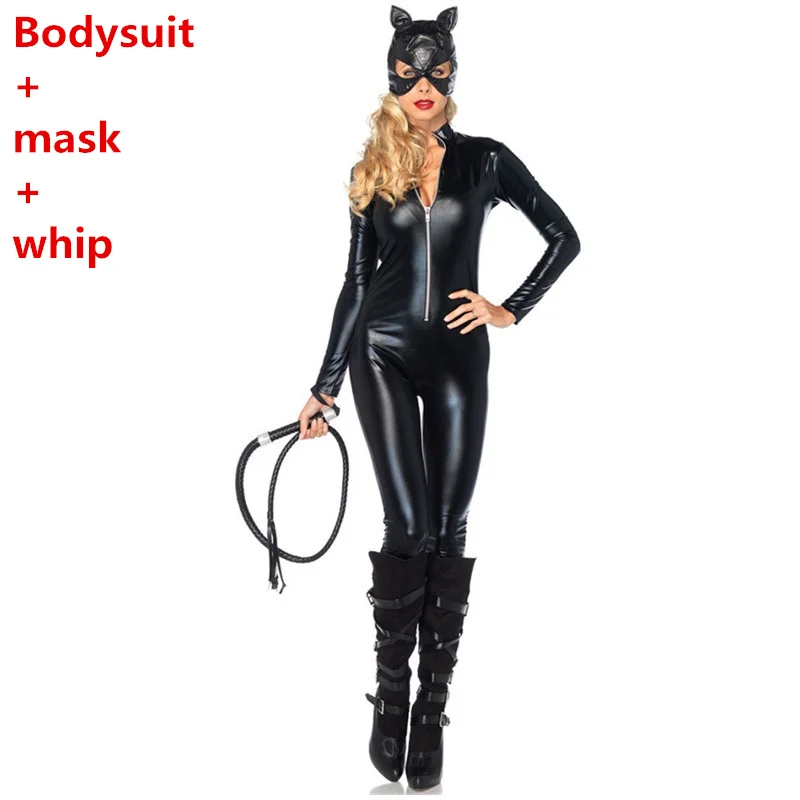 Женский костюм кошки для взрослых, Женский костюм для косплея, сексуальный черный комбинезон из синтетической кожи с хлыстом, костюм для косплея на Хэллоуин, нарядное платье - Цвет: costume  Whip