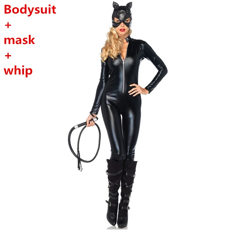 costume Whip Женский костюм кошки для взрослых, Женский костюм для косплея, сексуальный черный комбинезон из синтетической кожи с хлыстом, костюм для косплея на Хэллоуин, нарядное платье - Цвет: costume Whip