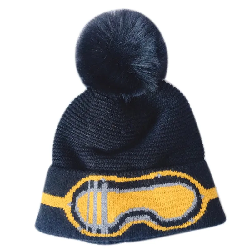 B Fashion Children's Hat Unisex Autumn Winter Wool Knitted Plush Ball Decoration Glasses Pattern Hat All-match Warm Hat - Цвет: B