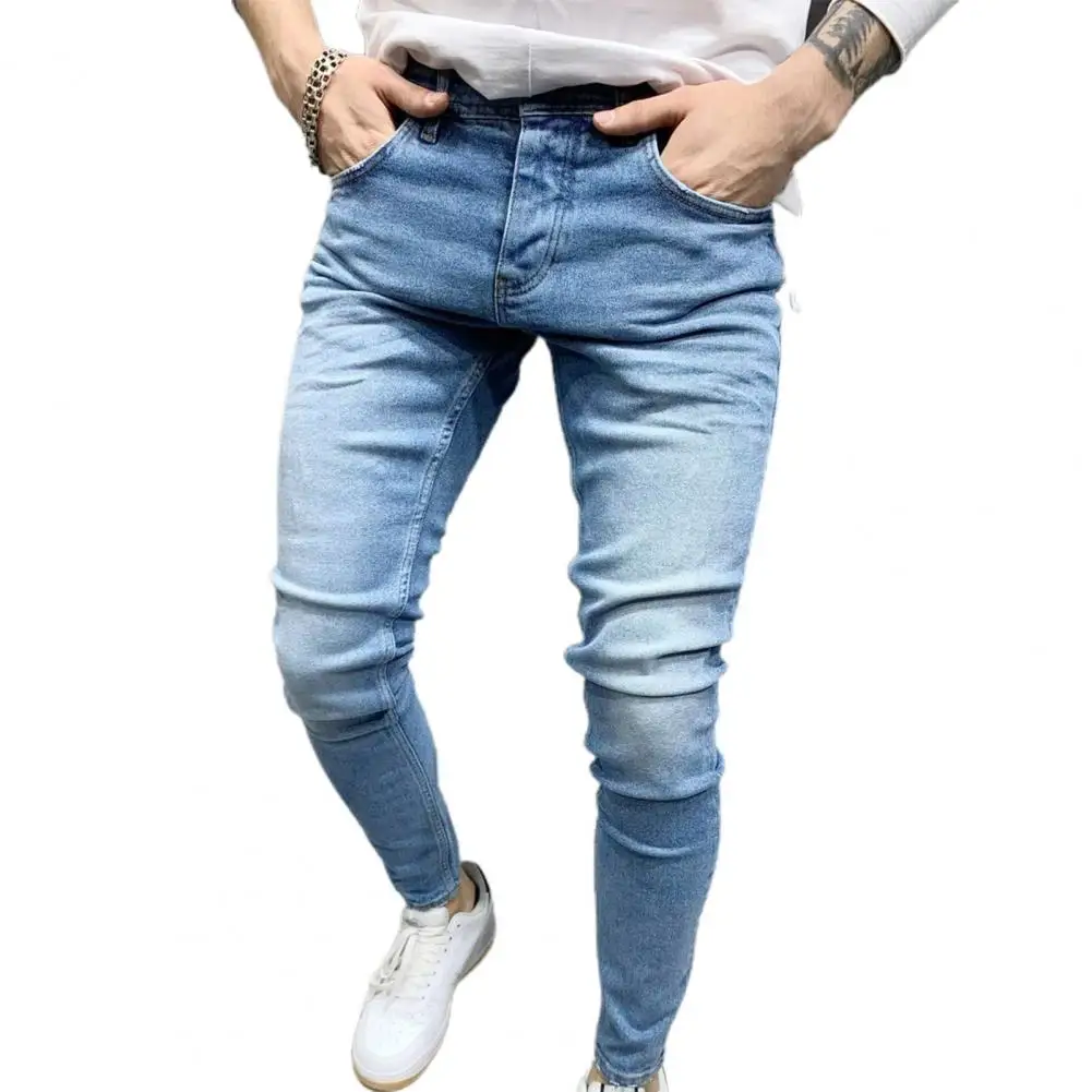 Men Waist Skinny Jeans 2021 Denim Jeans Pants Streetwear Mid Rise Summer Male Multi Pockets Zipper