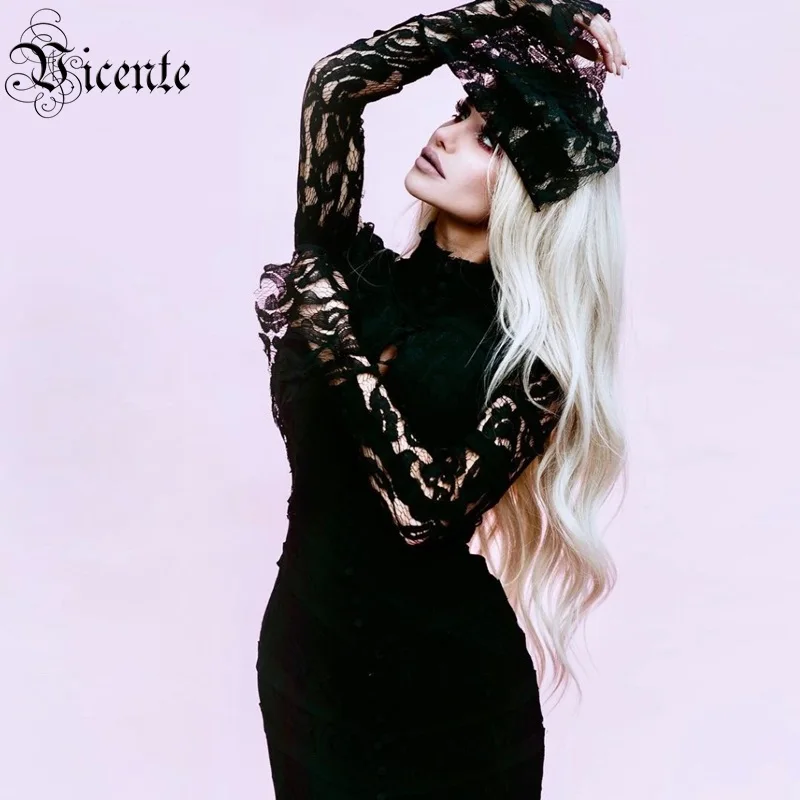 Женское длинное кружевное платье VC изящное макси с длинными расклешенными