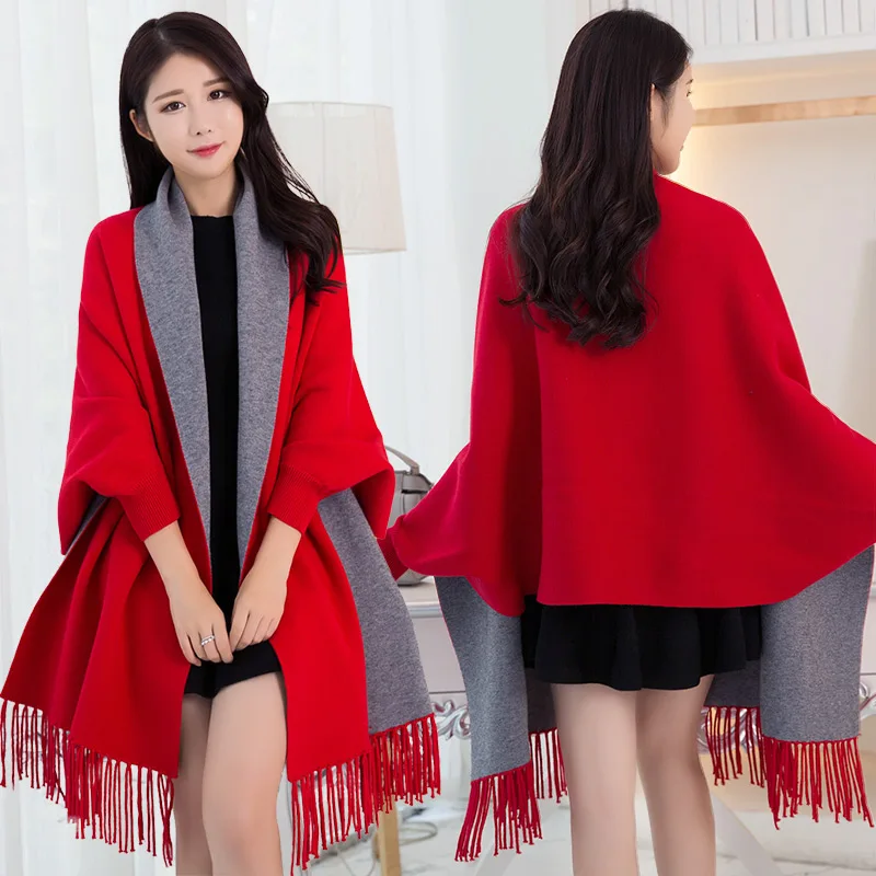  Women Winter Poncho with Sleeve Shawls and Wraps Pashmina Red Thicken Scarf Stoles Femme Hiver Warm