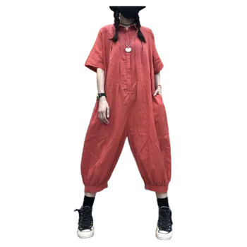

Cotton linen Overalls Women Baggy Europe Short sleeve Rompers Thin Boyfriend Harajuku Cargo Wide Leg Drop Crotch Jumpsuit