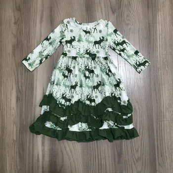 

Girlymax Winter Girls Christmas Ankle-Length Reindeer Snowflake Dress Baby Girl Long Sleeve Olive Dress