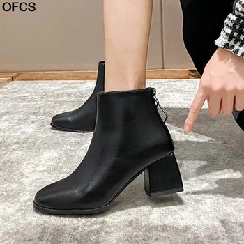 

Women Boots Warmer With Fur 2020 Autumn Winter Square Toe 6cm Heel All-Matching Boots Martin Chunky Heel Ankle Boots Women Shoes