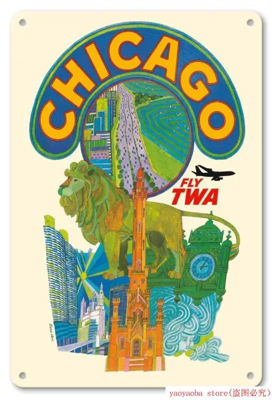 Винтажный оловянный знак-Chicago Illinois-Fly TWA (транс мира авиалиний) от Дэвида Клейна