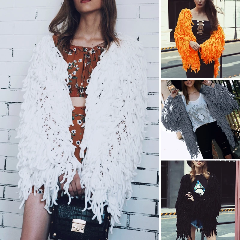 Las mujeres caliente de punto Shaggy Jersey abrigo chaqueta negro mujer abrigo de otoño e invierno peludo Imitación Piel chaqueta de abrigo