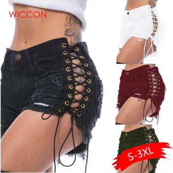 

Summer Solid Lacing Women Denim Shorts New Hole Short Feminino Slim Sexy Bandage Jeans Shorts Female Ripped Short Pants